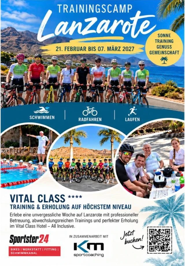 Flyer Trainingscamp Lanzarote 21. Februar bis 07. März 2027, Schwimmen, Radfahren, Laufen