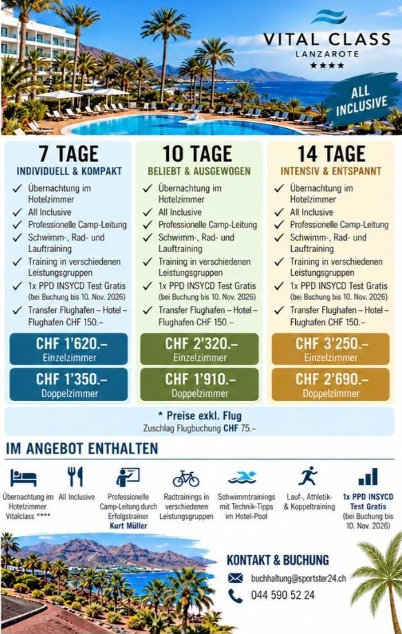 Preise Trainingscamp Lanzarote: 7, 10 oder 14 Tage im Vital Class Hotel, All Inclusive
